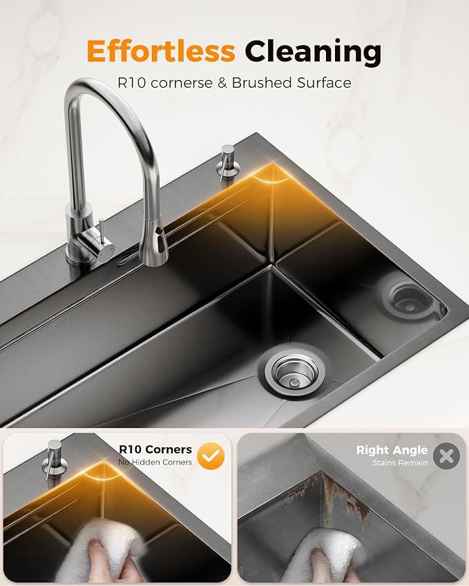 CAMMOO 33X22 Drop In Kitchen Sink, Nano 304 Stainless Steel Black Sink | Pop-Up Drain, Workstation Sink, Upgraded Fast Drain, Topmount Single Bowl with Accessories, Foldable Grid for Easy Cleaning