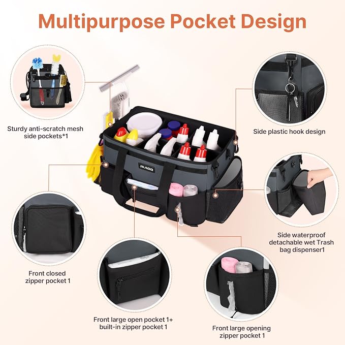 JKAOO Large Wearable Cleaning Caddy Bag with Handles, Gray | Adjustable Shoulder & Waist Straps, Removable, Waterproof Tote for Cleaning Supplies, Home, Car, Office