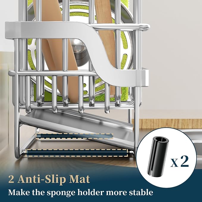 Consumest Sponge Holder for Kitchen Sink - Sink Caddy with Stainless Steel Self Drain Tray, Sink Organizer with High Brush Holder Countertop for Kitchen Sink Accessories, Silver-Extra Large