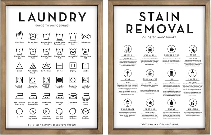 2 Piece Laundry Room Signs Pictures Wall Decor, 15.7×11.8 Inch Wooden Laundry Care Symbols Chart Wall Art, Stain Removal Wash Guide Print Rustic Farmhouse Decorations for Home Accessories