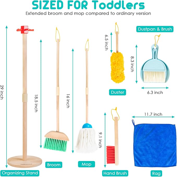 Kids Cleaning Set, 8 Pcs Wooden Housekeeping Play Toy Broom Mop Set | Brushes Rag and Organizing Stand, Montessori Cleaning Toys Gift for Toddlers Girls Boys Age 3-6, Solid Beech Wood