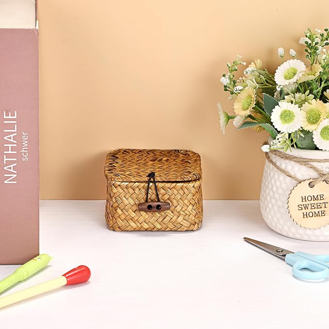 Hipiwe Handwoven Wicker Basket Box with Lid Small Seagrass Desk Organizer | Multipurpose Baskets Organizer for Remote Control Key, Rectangular Basket Box for Home Decor, Caramel 3.5" x 3.5" x 2"