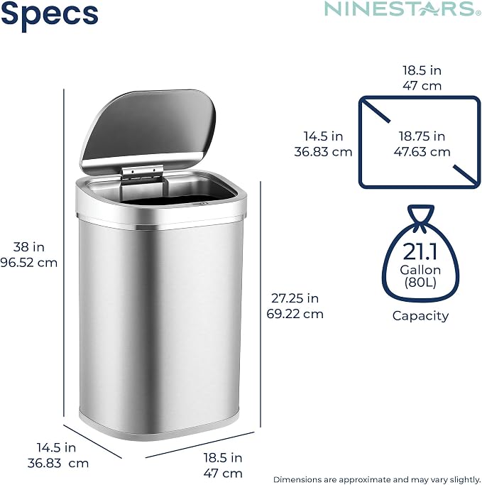 Ninestars DZT-80-35 Deluxe Automatic Touchless Infrared Motion Sensor Trash Can, 21 Gal 80L, Heavy Duty Stainless Steel Base (Oval, Silver/Brush Lid) Trashcan, Ss