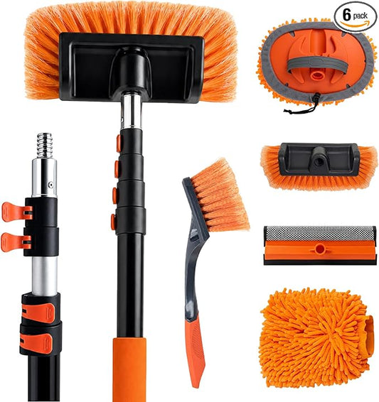 17ft Telescopic Pole with Car Wash Brush and Window Squeegee Kit, 3-12 ft Extension Pole, Bristles Wash Brush, Chenille Mop & Wash Mitt, Wheel Brush for Outdoor Cleaning Supplies for Roof, RV, Truck