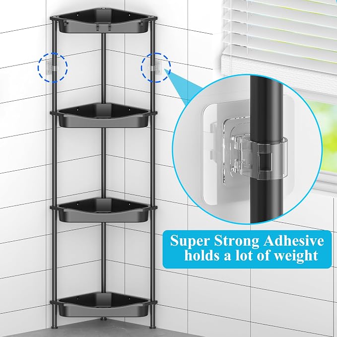 HuggieGems Metal Floor Standing Corner Shower Caddy, Jet Black, 4 Tier | Adhesive Bathroom Organizer Shelves, Free Standing Shower Rack with Hooks, Hold Large Shampoo Bottles
