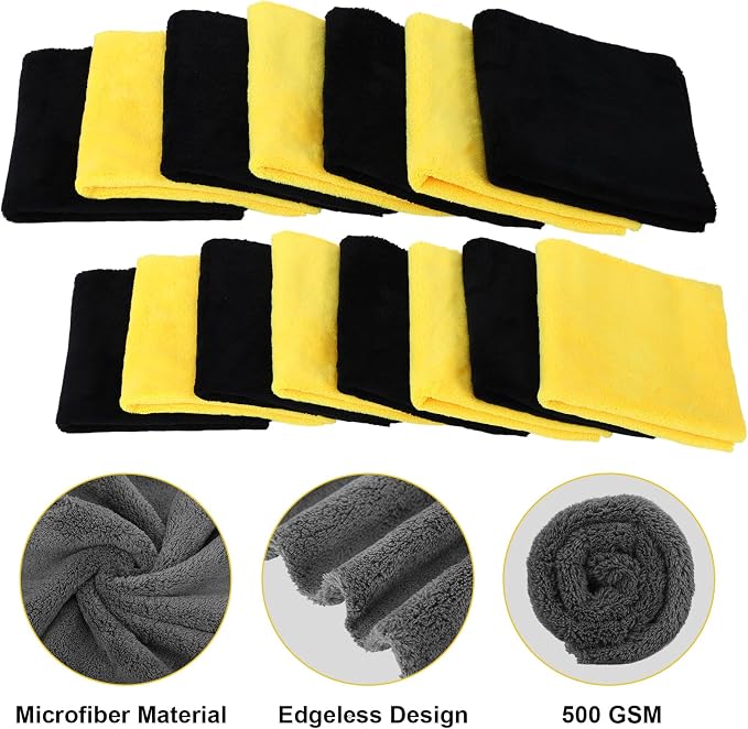 Shimeyao 30 Pcs 16 x 16 Inch Edgeless Microfiber Plush Towels for Cars Detailing Drying Wash Polishing Absorbent Cleaning Cloths, 500 GSM (Black, Yellow)