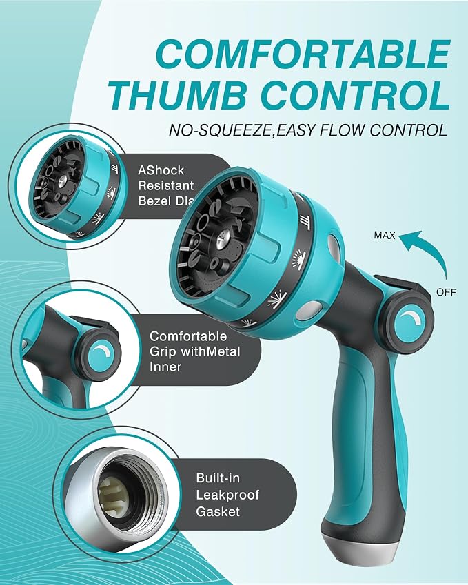 Garden Hose Nozzle Heavy Duty, Water Hose Sprayer Nozzle for Outdoor | THUMB CONTROL On Off Valve for Easy Water Control, 10 Spray Patterns - Water Hose Nozzle Head Attachment