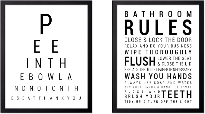 Poster Master 2-Piece Bathroom Sign Print - Eye Chart & Rules Poster - Humorous Guest Bath Decor - Minimal Typography Design - Powder Room Decor - Funny Restroom Sign - 24x32 UNFRAMED Wall Art