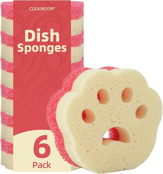 CLEANGOR 6Pcs Scrub Sponges, Dual-Sided Temperature-Controlled Dish Sponges | Scratch-Free, Easy to Clean, Kitchen Cleaning Sponges for Tough Stains, Delicate Surfaces, Glassware, Cookware, Appliances
