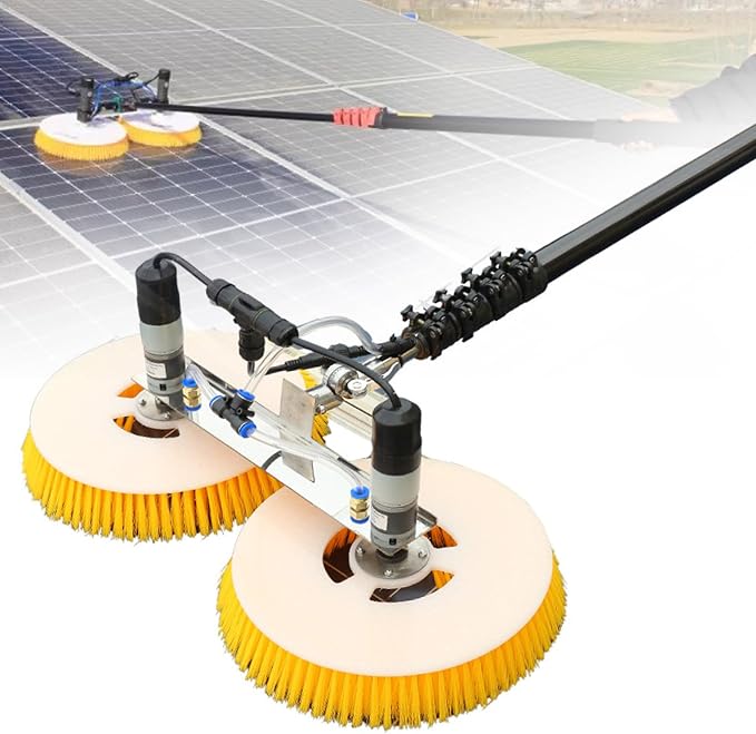 Solar Panel Cleaning Rotating Brush, 70cm Dual Head Photovoltaic and Solar Panels Water Fed Brush 110V Electric Spin Scrubber Adjustable Water Fed Pole Cleaning Kit for Window Glass,10M/32.8FT