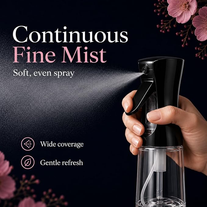 3 Pack Spray Bottles, Continuous Mist Sprayer, Water Spray Bottle for Hair, Hair Mister, 200ml x2 + 30ml Refillable Fine Mist Set - for Styling, Plants, Cleaning & Home Use (Black & White)