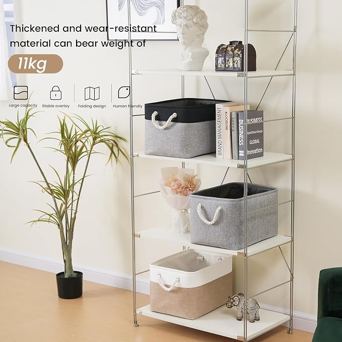 15x11x10 In Foldable Fabric Large Storage Bins with Handle 6 Pack | Organizer Baskets, Sturdy Metal Strand, Cardboard Support Molding, Storage Baskets for Shelves, Closet, Bedroom, Black/Gray