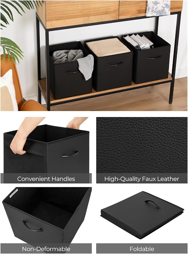 StorageWorks 11in Storage Cubes, Leather Cube Organizer Bins, Black, 4-Pack | Reinforced Handle & Front Panel, Faux Leather Front, Non-woven Fabric, Collapsible, Space-Saving, For Closet, Bedroom, Office