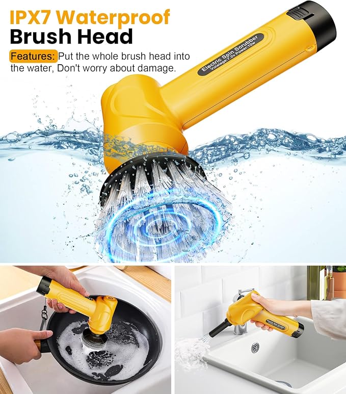 Electric Spin Scrubber Q4, 5000mAh Large Battery, 248-Min Runtime, 600RPM | Handheld Power Dish Scrubber with Display and 5 Brush Heads; Cordless Shower Cleaning Brush for Bathrooms, Sinks and Windows