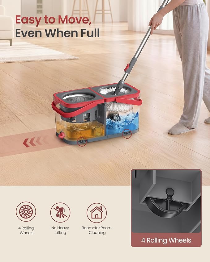 SONGMICS Spin Mop and Bucket Set, 2 Washable Microfiber Mop Heads, Wheels | Separate Clean and Dirty Water, Stainless Steel Wringer, 18.7 x 10 x 9.5 Inch, Gray and Red, CLEMAX Collection ULMB004GT02