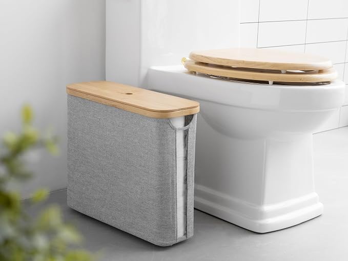 StorageWorks Toilet Paper Storage Basket with Bamboo Lid & Window | See Rolls at a Glance with Clear Window, Holds 12 Regular or 9 Mega Rolls for Bathroom Toilet Paper Storage, Grey