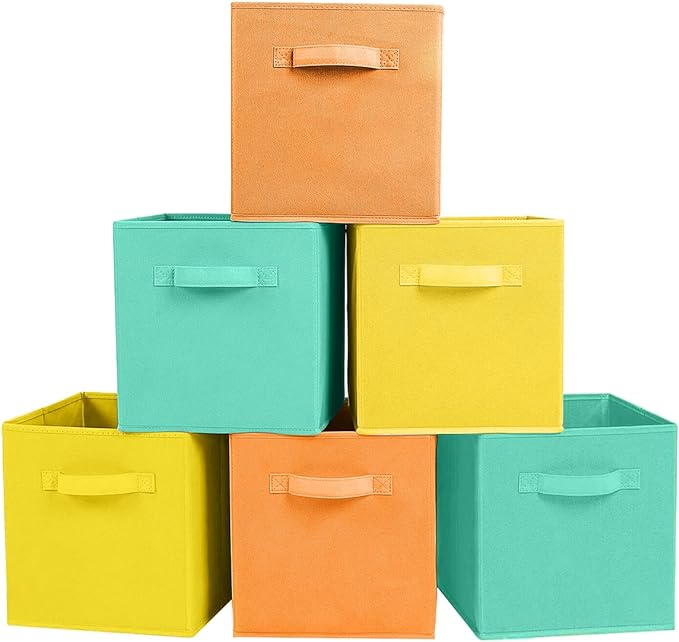 ShellKingdom Storage Bins, Foldable Fabric Storage Cubes And Cloth Storage | Storage Organizer For Closet And Toys, 10.5x10.5x11 INCH, 6 Pack (Mint Green+Orange+Yellow)