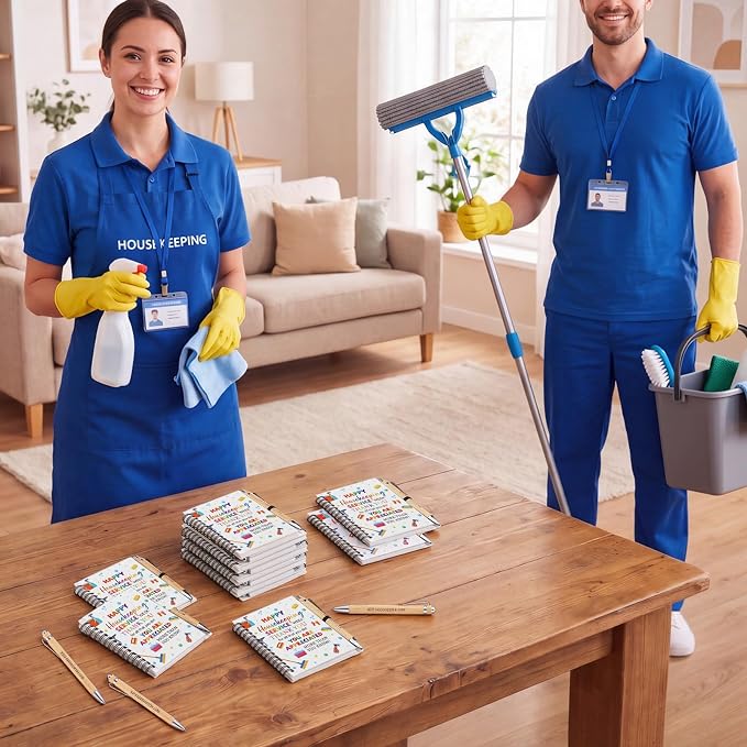 Resurhang 12 Sets Housekeeping Week Appreciation Gifts Bulk Spiral Notebook and Housekeeper Thank You Bamboo Pens with Sticky Tags for Staff House Cleaner Custodian Staff Employees