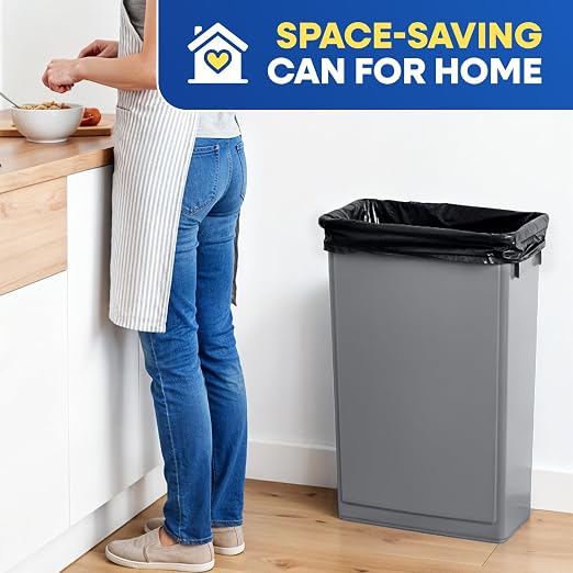 PLASTIC PRINCE 23 Gallon Slim Trash Can Kitchen, Commercial Tall Trash Bin Narrow, Rectangular Slim Jim Skinny Garbage Can for Home Garage Cabinet Restaurant, 6 Pack, Gray