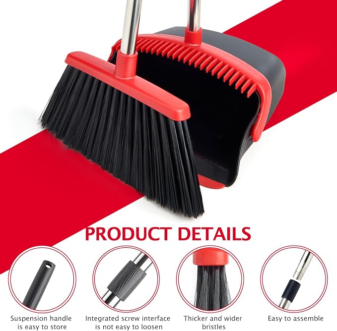 Broom and Dustpan Combo Set,51" Long Handle,Black Red | Heavy Dust, Dustpans with Broom Combo for Home, Kitchen, Office, Classroom,Apartment, Pet Hair