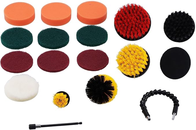 19PCS Drill Brush Kit, Power Scrubber Cleaning Set with Scouring Pads and Polishing Sponges for Electric Drill, Heavy-Duty Cleaning Tools for Car, Bathroom, Kitchen