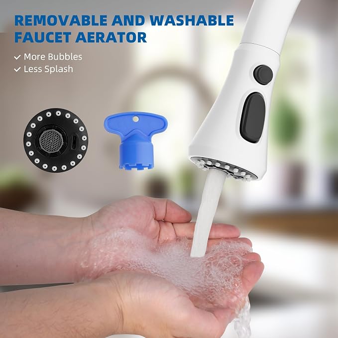 Hibbent Pull Down Spray Head for Kitchen Faucet, 3-Function Spray Nozzle | NSF/ANSI/CAN 61/372 & cUPC Certified Sink Faucet Head Replacement, 15 Adapters, Compatible with Moen, Delta, Kohler, White