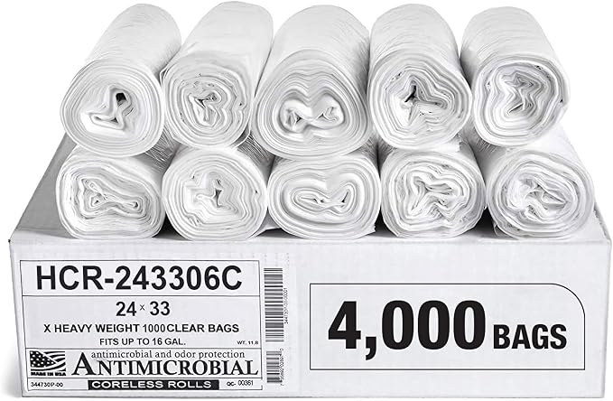Aluf Plastics 16 Gallon 6 Micron (eq) Clear Trash Bags 24" x 33" 4000 Count