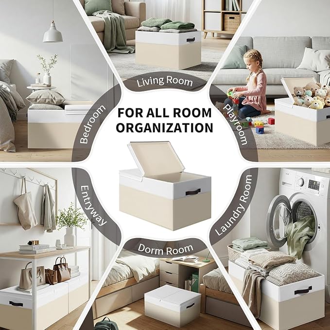 2 Pack EXTRA LARGE Blanket Storage Baskets with Lids, 22”x16”x12” Closet Organizers Bins for Clothes Towel/ Toy Storage Box with Lid Handles/ Stackable Decorative Fabric Bins for Living Room, Nursery