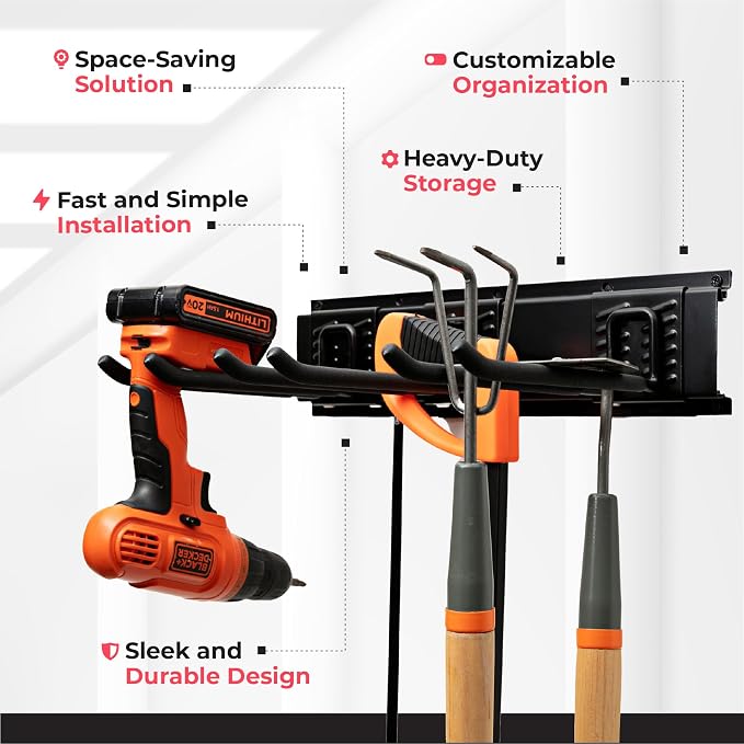 Garage Tool Organizer Wall Mount - 48 inches - Sturdy Storage Rack with Adjustable Hooks, Anti-Rust - Easy Installation, 300lbs Capacity - Garden Tool Organizer (03 Racks & 06 Hooks) | 300 lbs, anti-rust carbon steel, garden tool organizer & storage ra...
