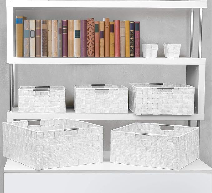 Sorbus Baskets for Organizing, 7-Piece Hand-Woven Storage Set (White) | Mesh organizers with handles keep linens and accessories sorted on closet shelves; seven-piece variety fits many spaces.