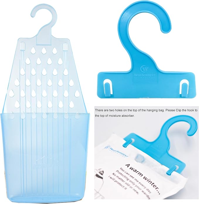 Wisesorb Moisture Absorber Packets with Plastic Case & Hook, Odor Eliminator, Leak Proof, Fragrance Free, Humidity Packs, Hanging Closet Dehumidifier Bags, Moisture Absorber (4 Packs)