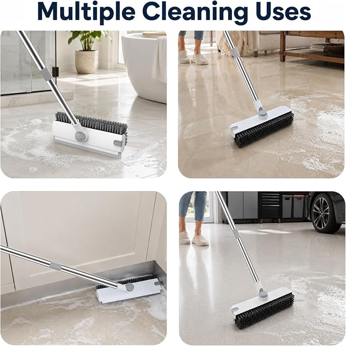 Ceruaxb Floor Scrub Brush with Long Handle, 3 in 1 Floor Scrubber, White | Stiff Bristles, Built-In Squeegee and Hidden Tweezers for Shower, Tile, Grout, Kitchen, Patio, Garage and Deck Cleaning