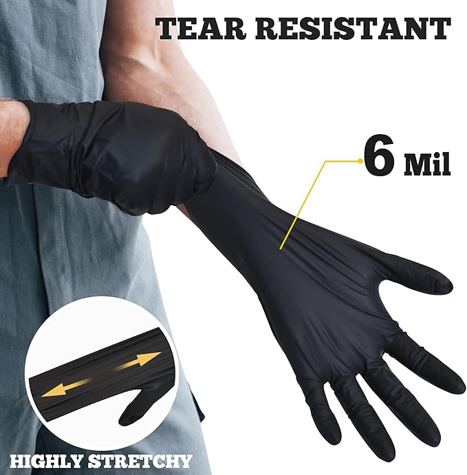 Disposable Nitrile Exam Gloves - 6-mil, Black, Heavy Duty, Latex Free, Food Safe for Cooking