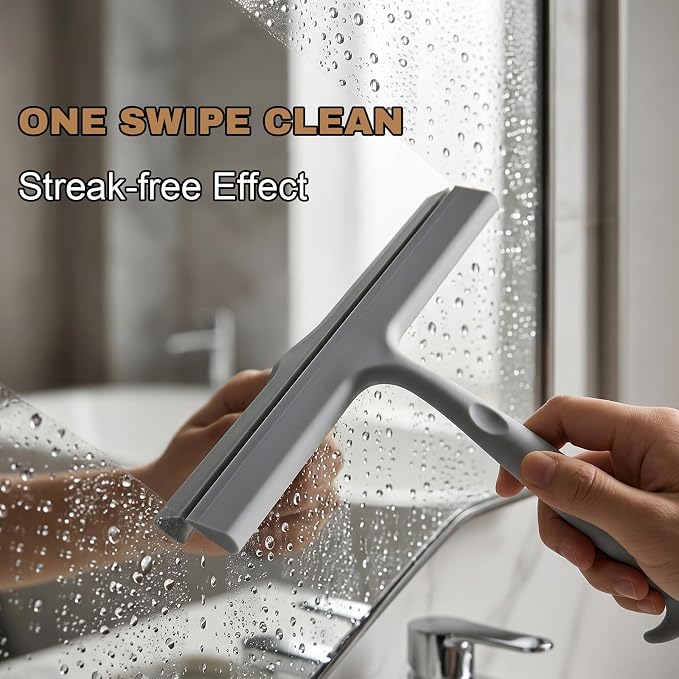 Shower Squeegee for Glass Doors, 8-Inch Silicone, Fishtail Type Hook, Grey | One-piece Silicone, Fishtail Hook, Non-slip Grip and Quiet Glide for Shower Glass, Tile, Mirrors, Windows and Car Glass