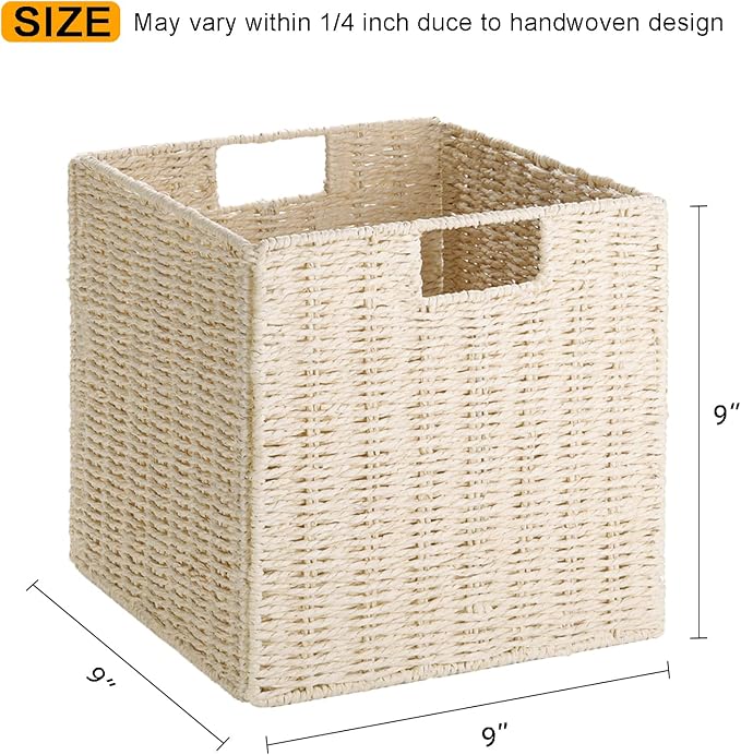 Vagusicc Wicker Storage Basket, Set of 2 Hand-Woven Storage Baskets for Shelves with Handles, Foldable Cube Storage Baskets Bins Organizer, 9 inch Wicker Baskets for Pantry Bedroom Decor, Beige