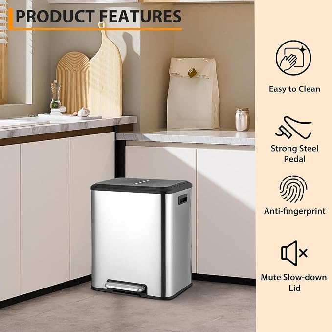 IDEALHOUSE 2 x 4 Gal (2 x 15L) Kitchen Dual Trash Can, 30 Liter Stainless Steel Recycling Bin, Removable Inner Bin and Soft Close Lid, Garbage Can for Home, Office, Business - Silver