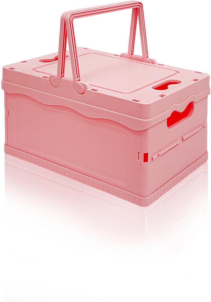 Foldable Small Plastic Baskets with Lids and Handles for Organizing,Collapsible Storage Crates, Stackable Bins for Home Kitchen Bedroom Bathroom Office (Pink, 12 * 8 * 7)
