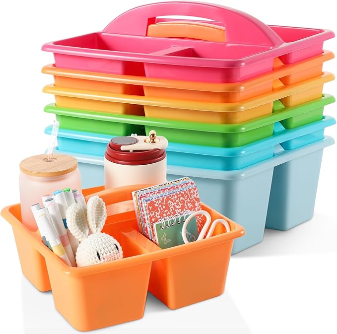 6 Pack Plastic Classroom Organizer Caddy with Handle, Multicolored | 3 Compartment, Portable Supply Storage Caddy, Craft Art Caddies for Pencil, Crayon, Marker, Home, Office, School Supplies