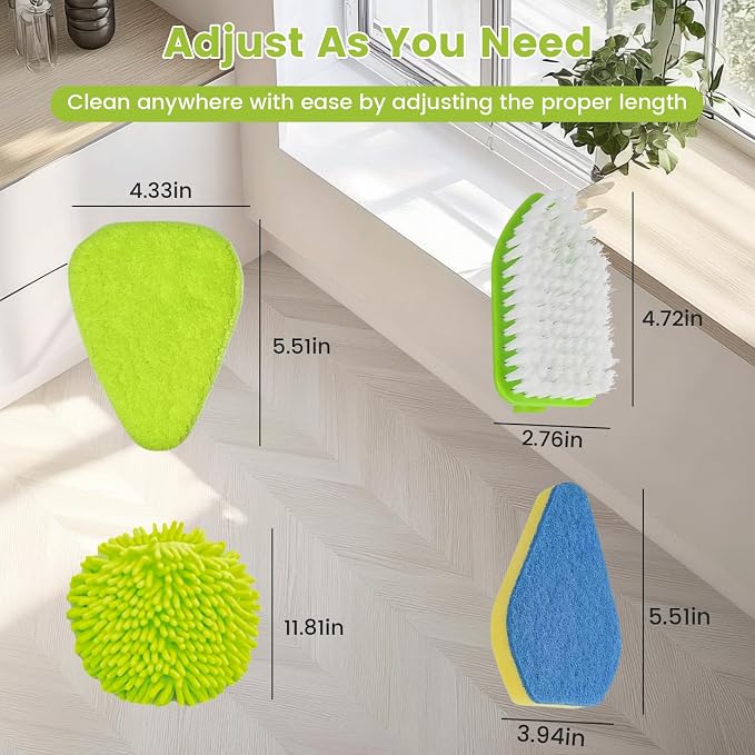 4-in-1 Tile Tub Floor Scrubber with 52-inch Adjustable Long Handle Shower Cleaner Brush with V-Shaped Grout Brush and 3 Replacement Brush Heads for Cleaning Bathroom Kitchen Walls Tub Tile