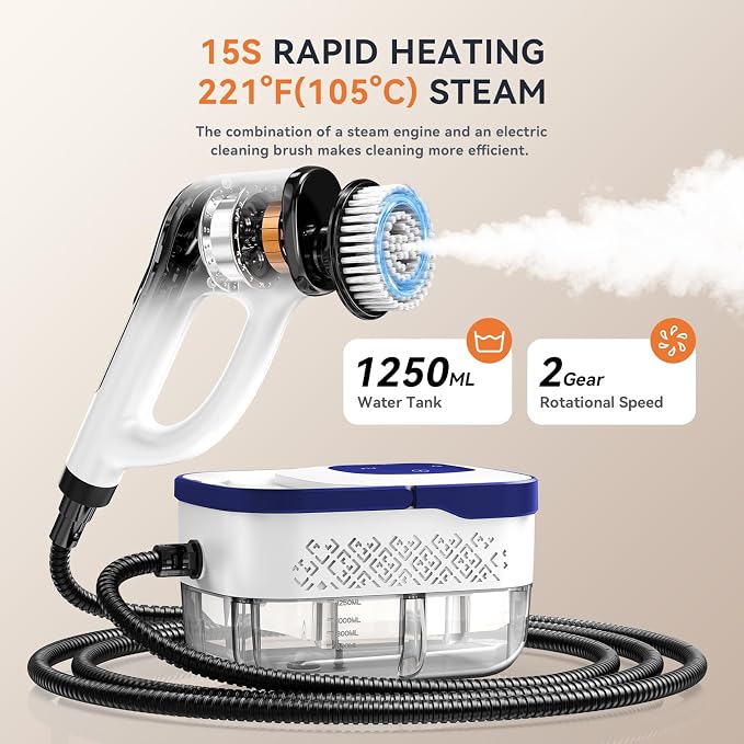 Steam Cleaner, Electric Spin Scrubber Portable Steamer for Cleaning | 16pc Accessories, 6-Level Adjustable 15s Heat-Up, Handheld Steam Cleaner for Home, Tile, Dirt, Grout, Grease, Car Detailing