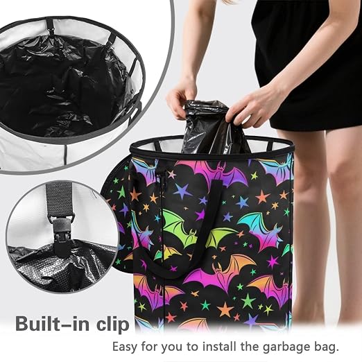 Halloween Bat Outside Garbage Can with Lid 24 Gallon Collapsible Trash Can Easy to Clean Pop-Up Storage Bag for Outdoor Parties Foldable Reusable Trash Bin Camper Must Haves