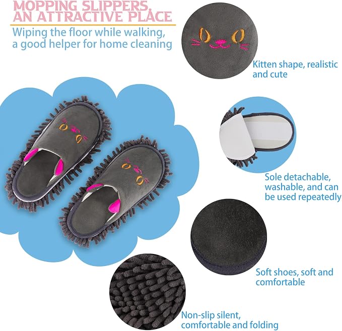 Non-slip Microfiber Mop Slippers Floor Dusting for Home Dark Gray | Warm Cleaning Slippers for Bedroom, Washable Mopping Shoes for Dust Dirt Hair