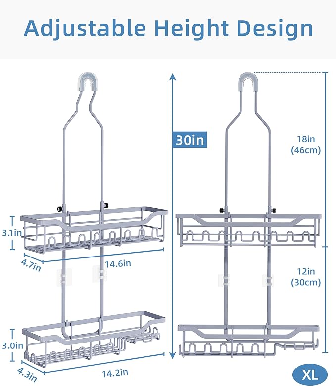 Shower Caddy Hanging Organizer, Extra Large Rack Over Showerhead with Hooks, Adjustable Height Shower Caddy for Big Shampoo Bottle, Grey