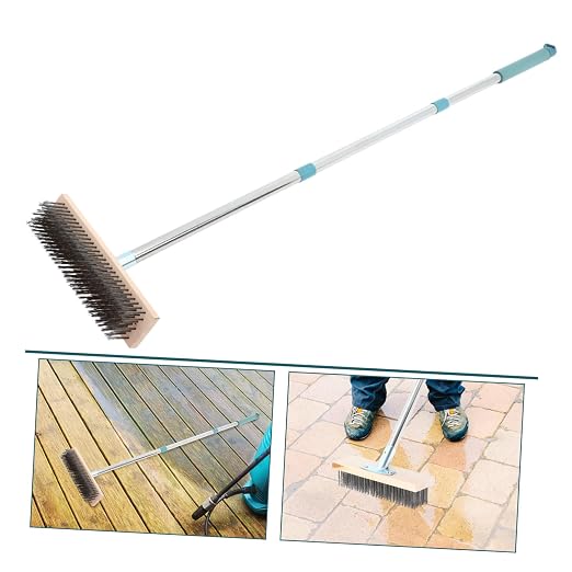 PRETYZOOM Stainless Steel Deck Scrub Brush with Handle Heavy Duty for Concrete Floors Patios and Garages Versatile Outdoor Cleaning Tool
