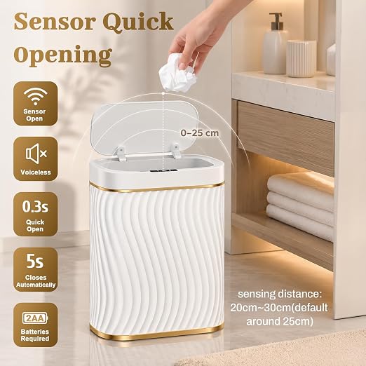 5 Gallon Automatic Bathroom Trash Can with Touchless Lid, White Gold | Motion Sensor Trash Can with Slim Waterproof Body; Small Plastic Garbage Can, hands-free lid for Bedroom, office, and kitchen
