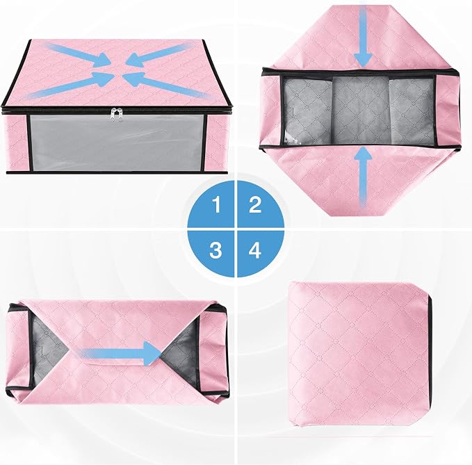 HomeHacks 4-Pack Clothes Organizer Storage Bags, 35L Storage Bins, Pink | Foldable Storage Box Container with Zippers, Clear Window, Reinforced Handles for Closet, Dorm, Pillows, Bedding, Sweater