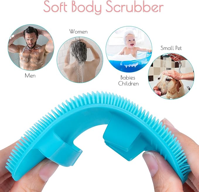 1 Pack Pure Silicone Food-Grade Body Brush Shower Cleansing Scrubber | Gentle Exfoliating Glove Soft Bristles (Blue)