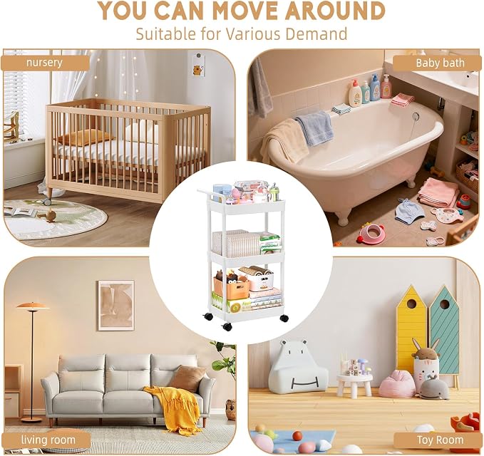 Volnamal Diaper Caddy, 3 Tier Rolling Cart for Baby Essentials, Off-White | Movable & Easy Assemble Cart for Newborn Nursery Essentials, Diaper Storage Organizer for Changing Table&Crib, Baby Registry