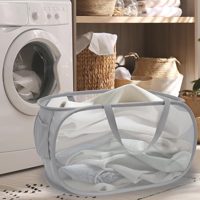 Collapsible Laundry Hamper Basket,Pop Up Mesh Foldable Bag for Laundry Room | folding horizontal laundry durable baskets with handles & side pocket travel for bathroom,Kids room,college dorm(Double Grey)