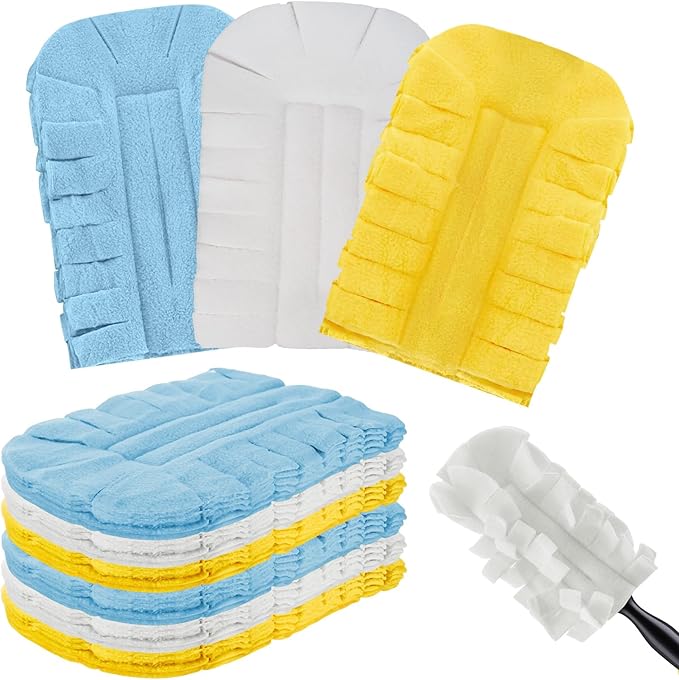 Zubebe 12 Pcs Reusable Duster Refills Fleece,Blue, White, Yellow | Soft Polyester Fiber Flat Duster Refill Multi Surface Washable Cleaning Pad Tools for Home, Blinds, Car, Pet, Furniture, Fans